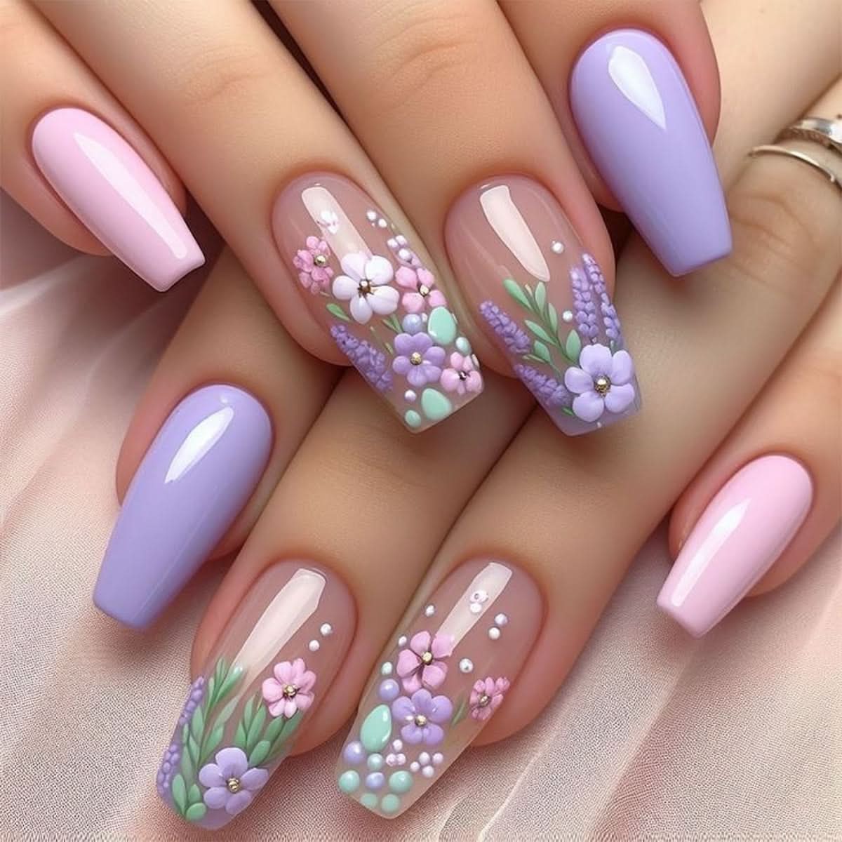 3D Floral Press-On Nails – Short Ballet Pastel Fake Nails