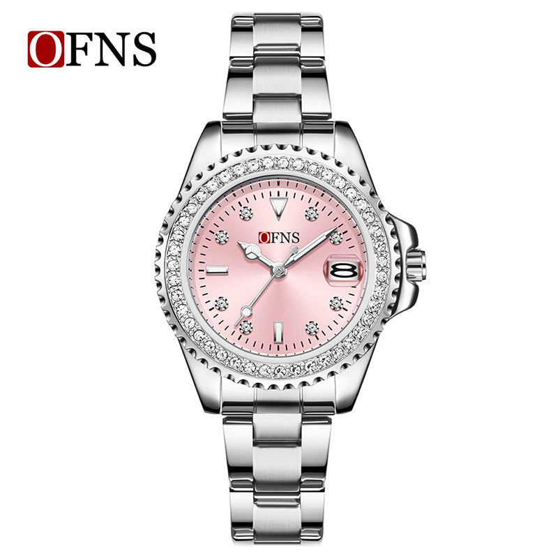 OFNS Women’s Luxury Quartz Watch – Diamond Inlaid Dial, Calendar Display, Steel Strap