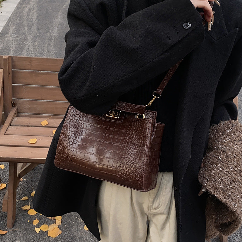 Retro PU Bucket Handbag for Women – Croc Texture Crossbody Shoulder Bag