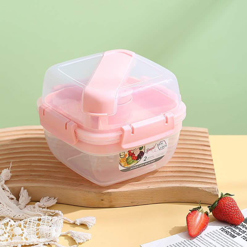 Double-Layer Square Lunch Box with Sauce Container – Microwave-Safe