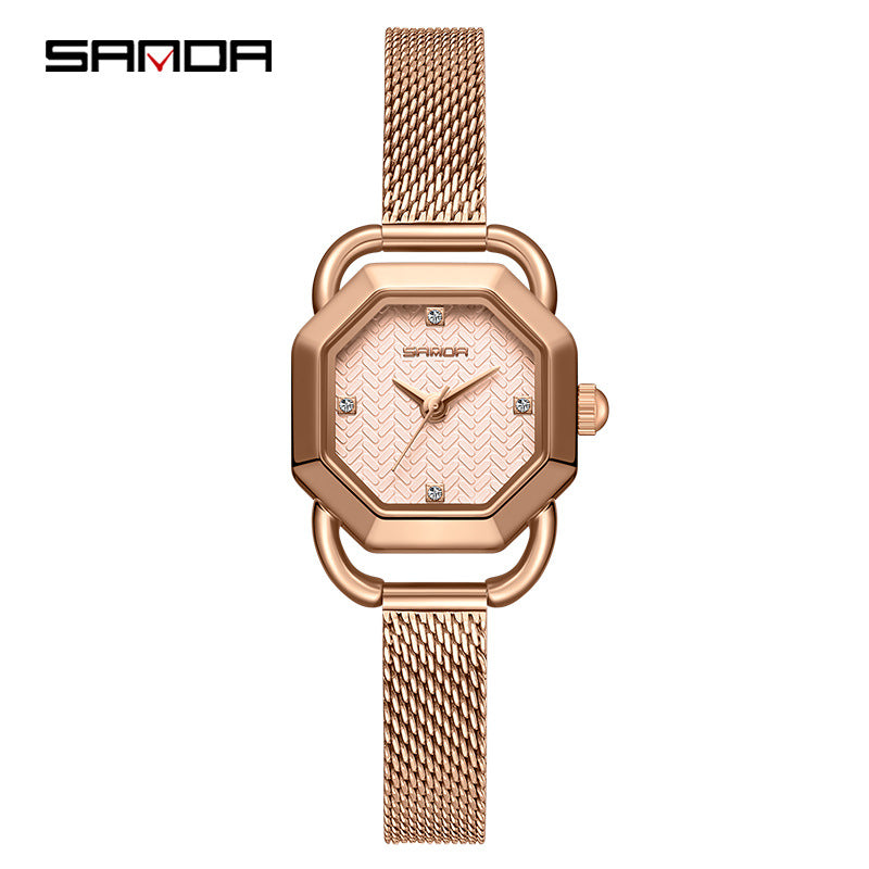 Sanda Women’s Octagonal Quartz Watch – Mesh Steel Band, Waterproof Casual Watch