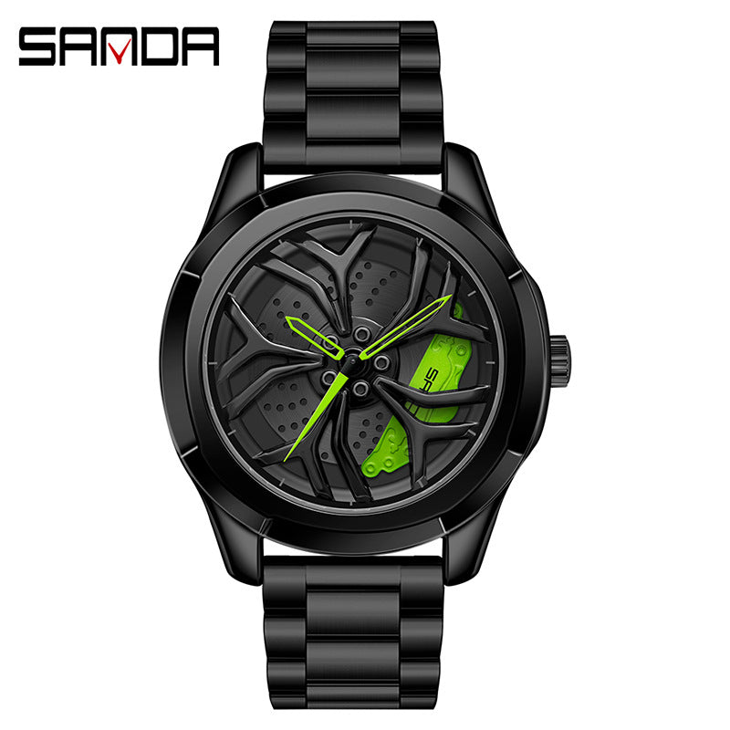 Sanda Men's Quartz Watch – Hollow Wheel Dial, Stainless Steel Strap, Waterproof Timepiece