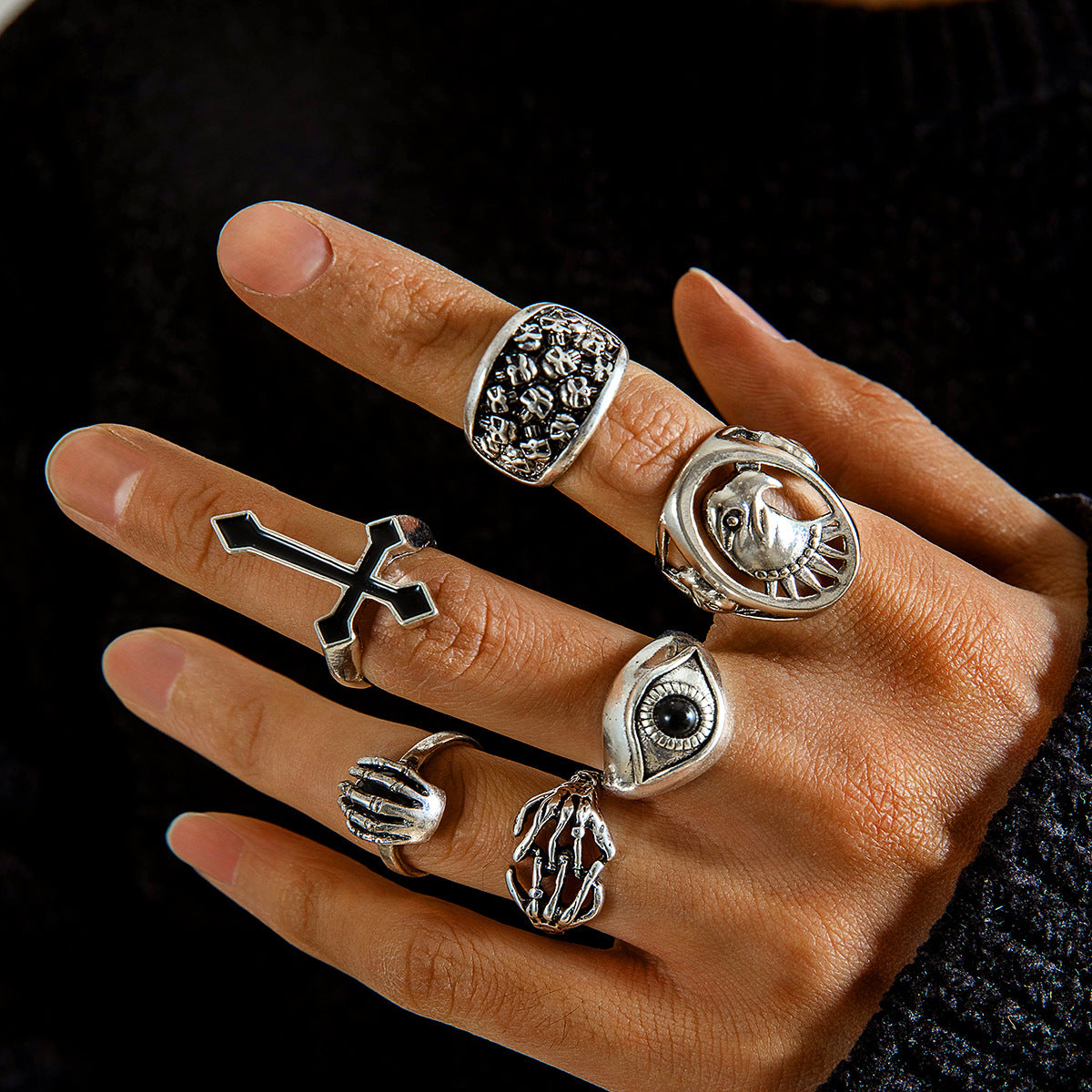 Punk Skull Ring Set for Men – 6-Piece Silver Alloy Gothic Jewelry Collection