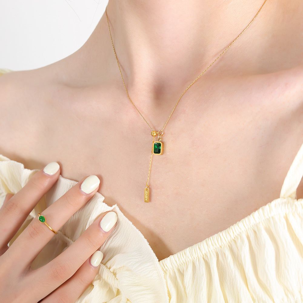 Green Emerald Drop Pendant Necklace – Titanium Steel Minimal Chic Jewelry