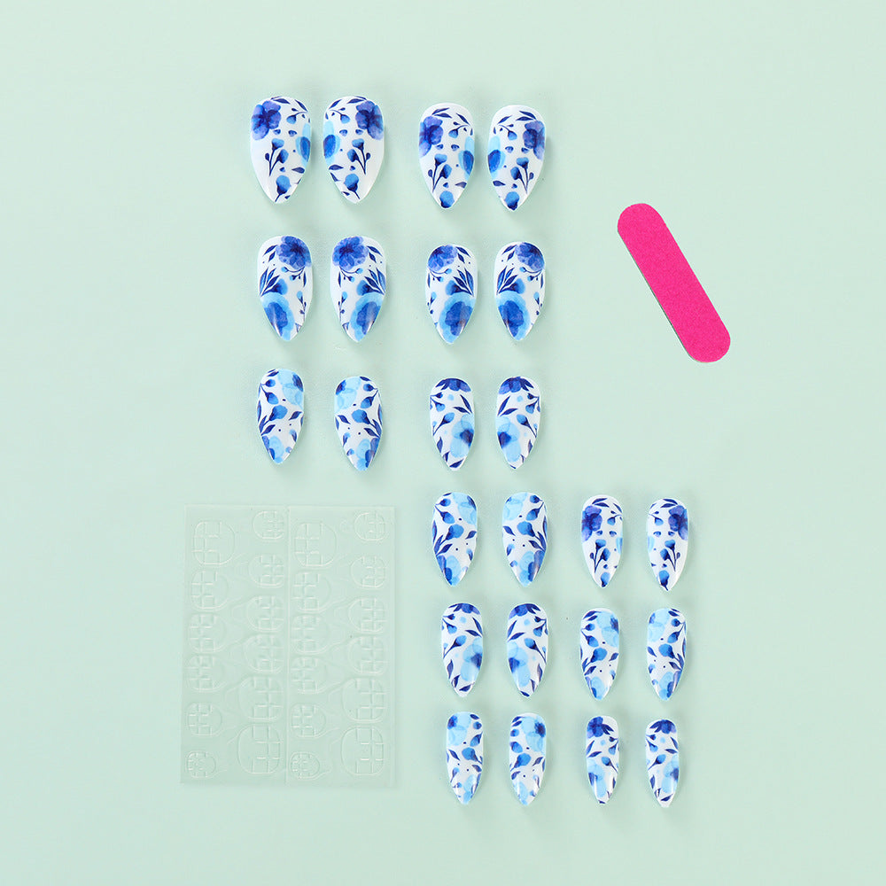 Blue Floral Almond Press-On Nails – Matte Porcelain-Inspired Acrylic Set