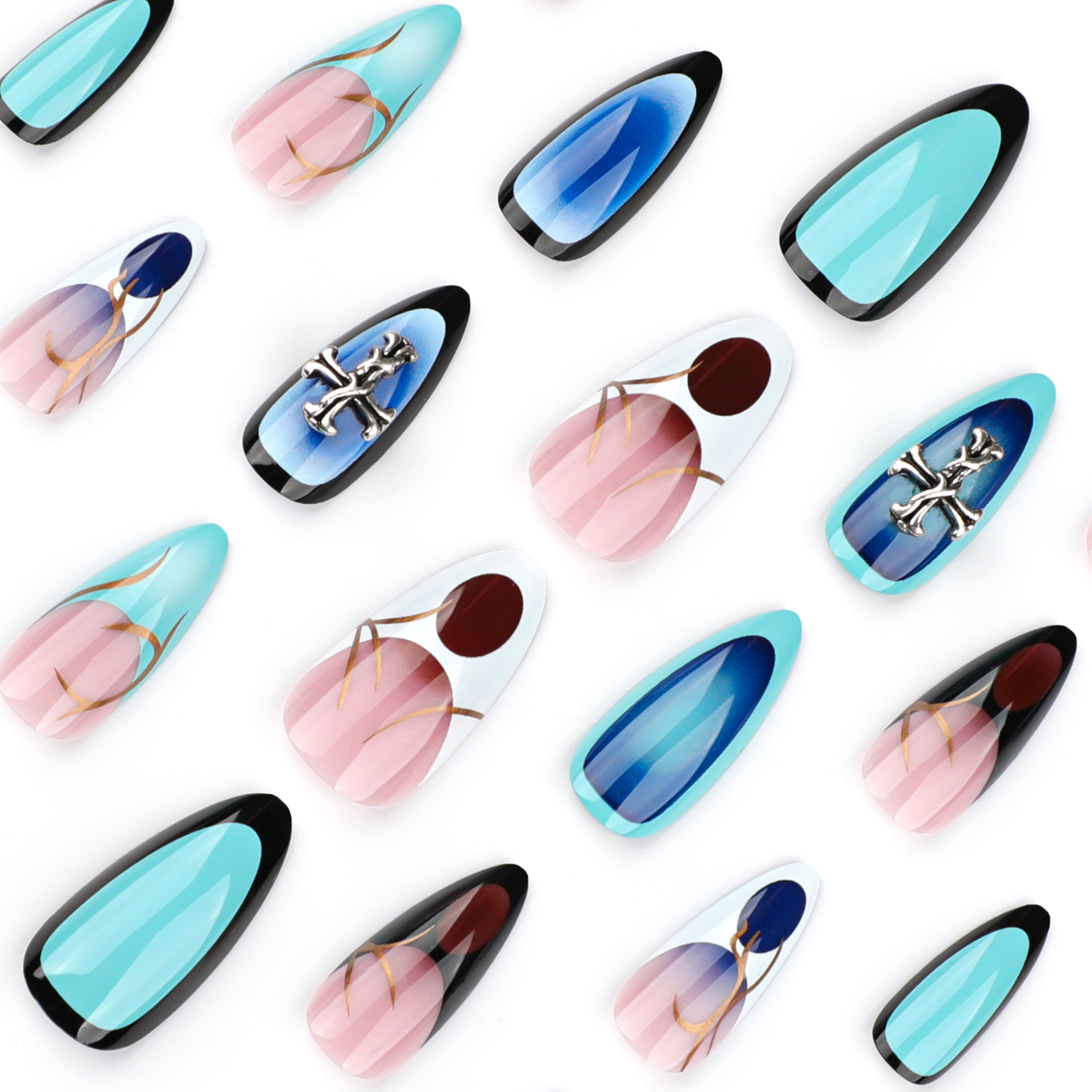 Press-On Nails – Long Stiletto Glue-On Set with Cross Design & Abstract Swirls