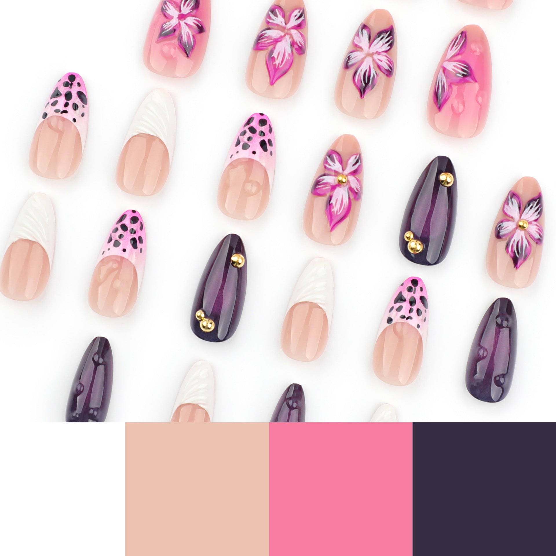 3D Floral Animal Print Press-On Nails – Long Almond Acrylic Glue-On Set