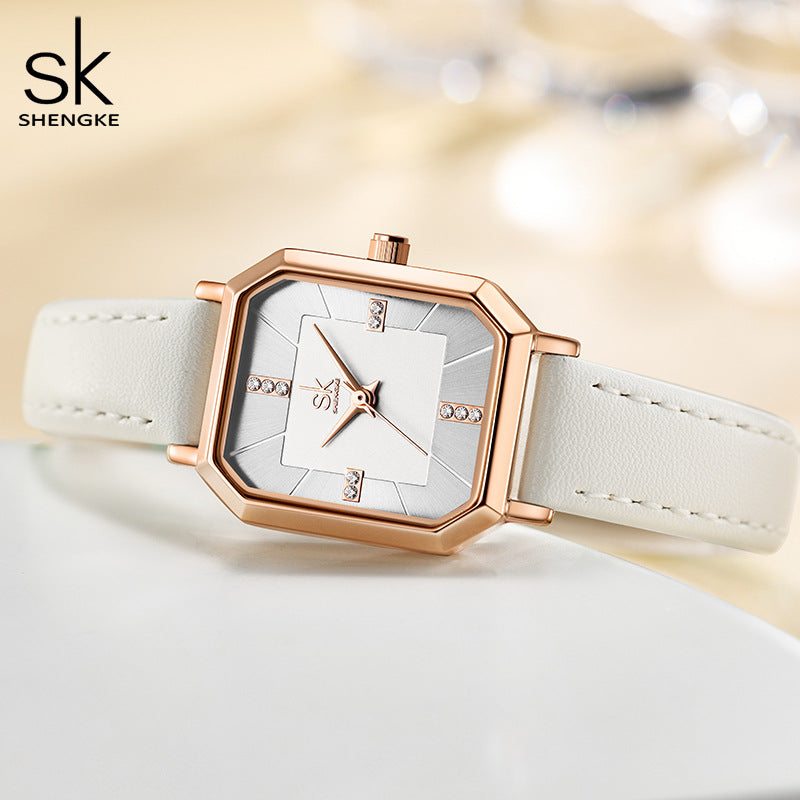 SK Women’s Square Dial Quartz Watch – Retro Diamond Accent, Waterproof Fashion Strap
