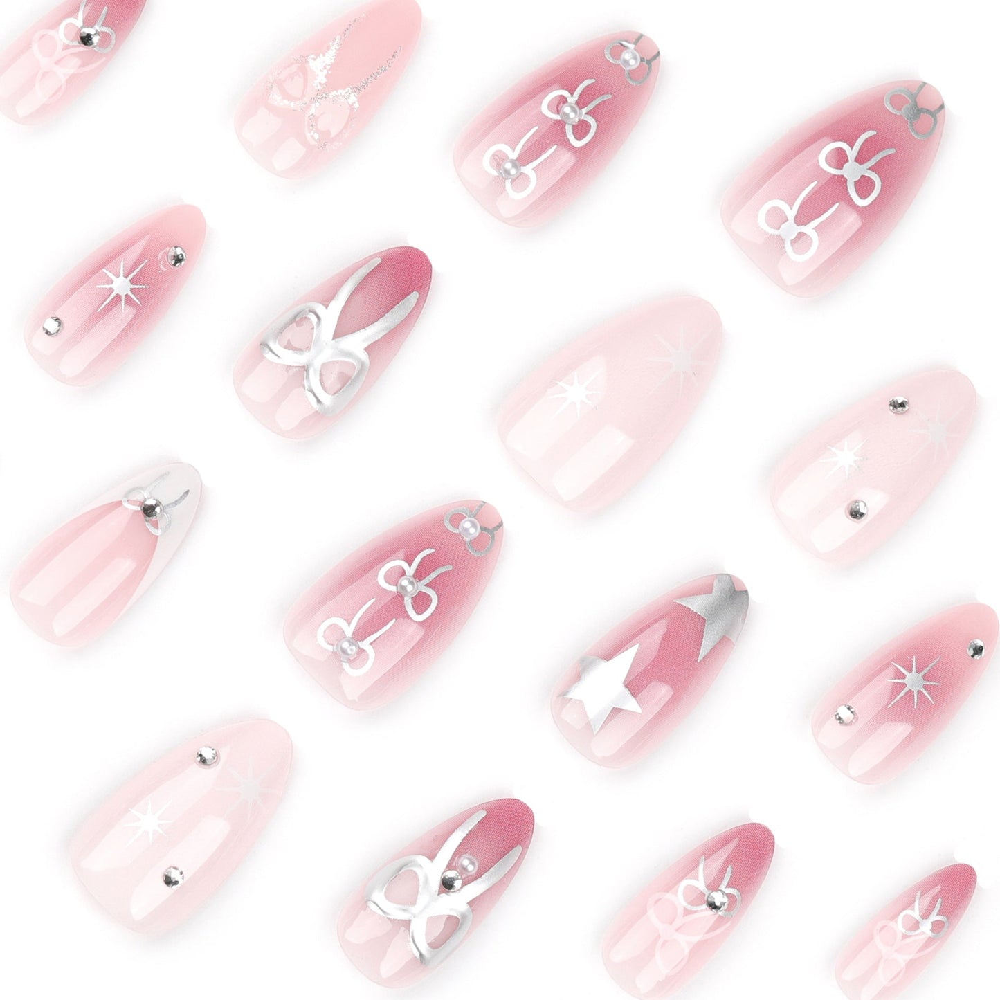 3D Pink Almond Press-On Nails with Stars & Bows – Glossy Metallic Acrylic Tips