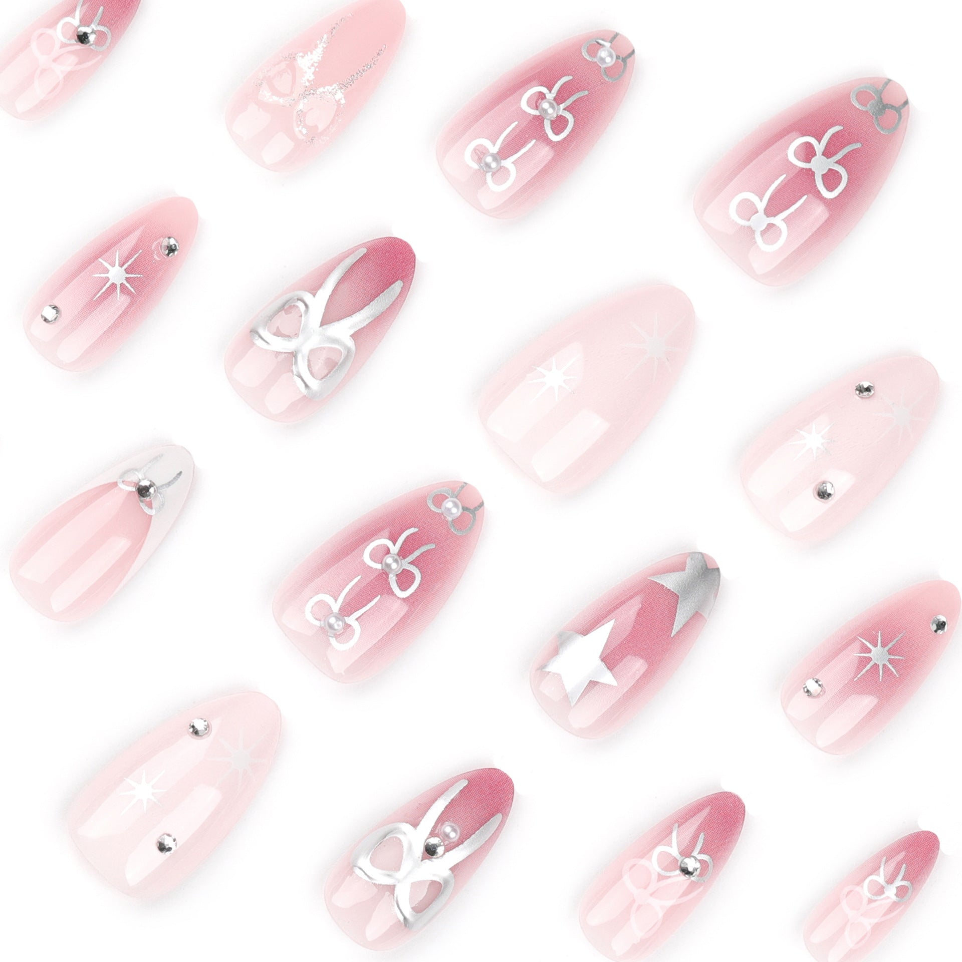 3D Pink Almond Press-On Nails with Stars & Bows – Glossy Metallic Acrylic Tips