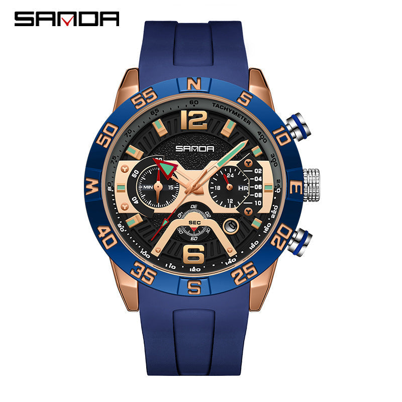 SANDA Men’s Silicone Quartz Watch – Three-Eye Six-Needle Waterproof Fashion Timepiece