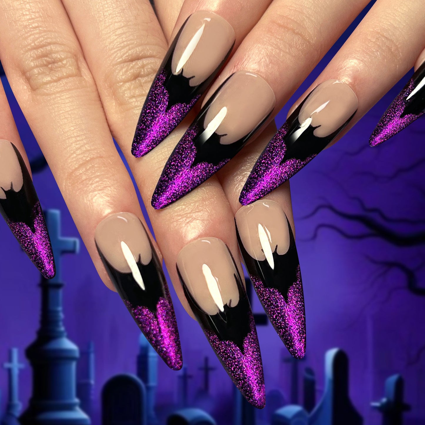 Bat Tip Halloween Press-On Nails – Extra Long Stiletto Purple Glitter False Nails