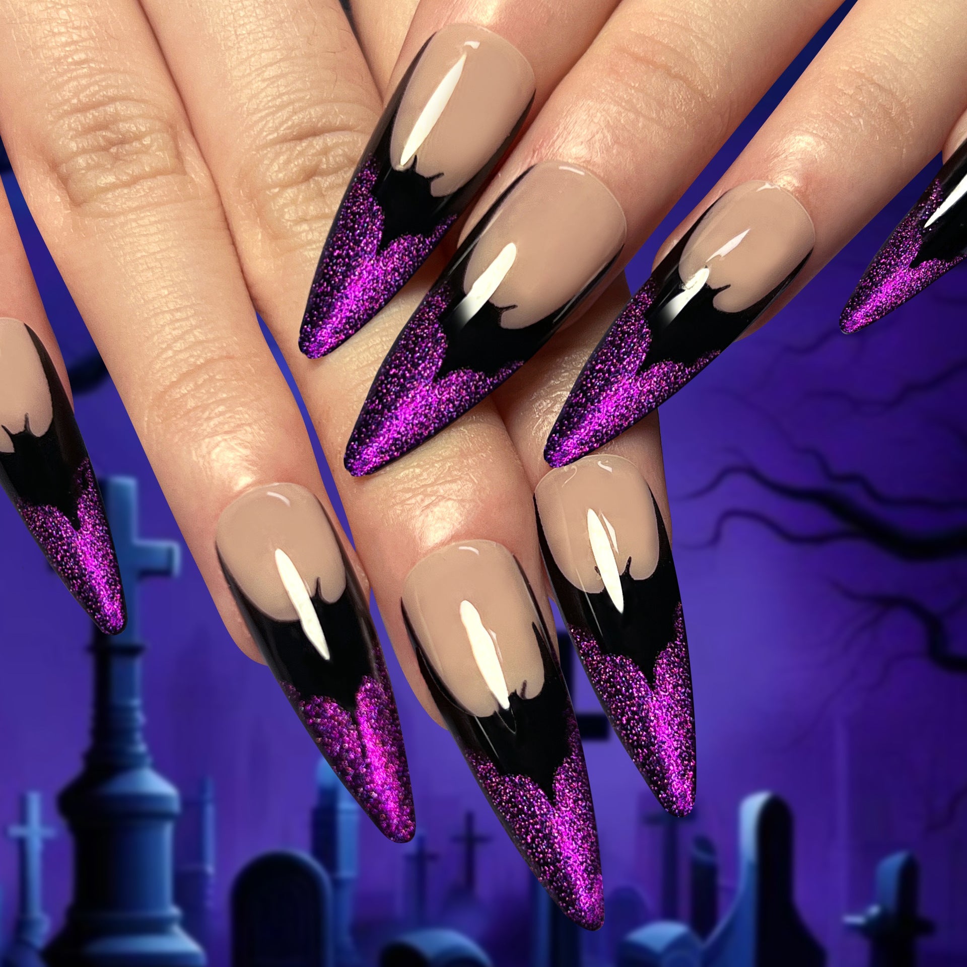 Bat Tip Halloween Press-On Nails – Extra Long Stiletto Purple Glitter False Nails