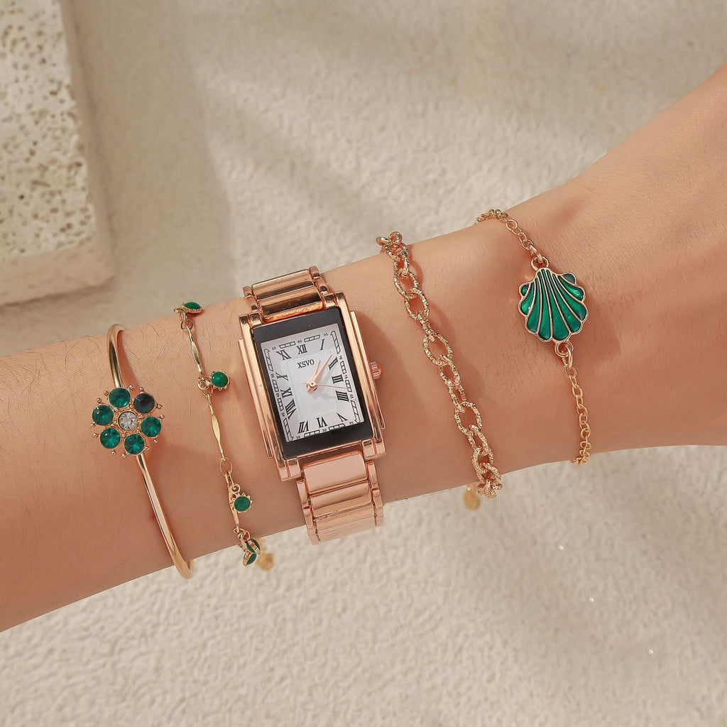 Women’s Gold Square Quartz Watch & Bracelet Set – Green Dial, Steel Band