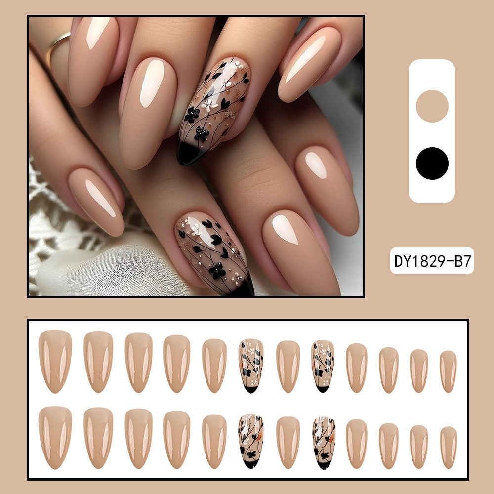 French Tip Press-On Nails with Floral Accents, Almond Medium Acrylic Glue-On Nails