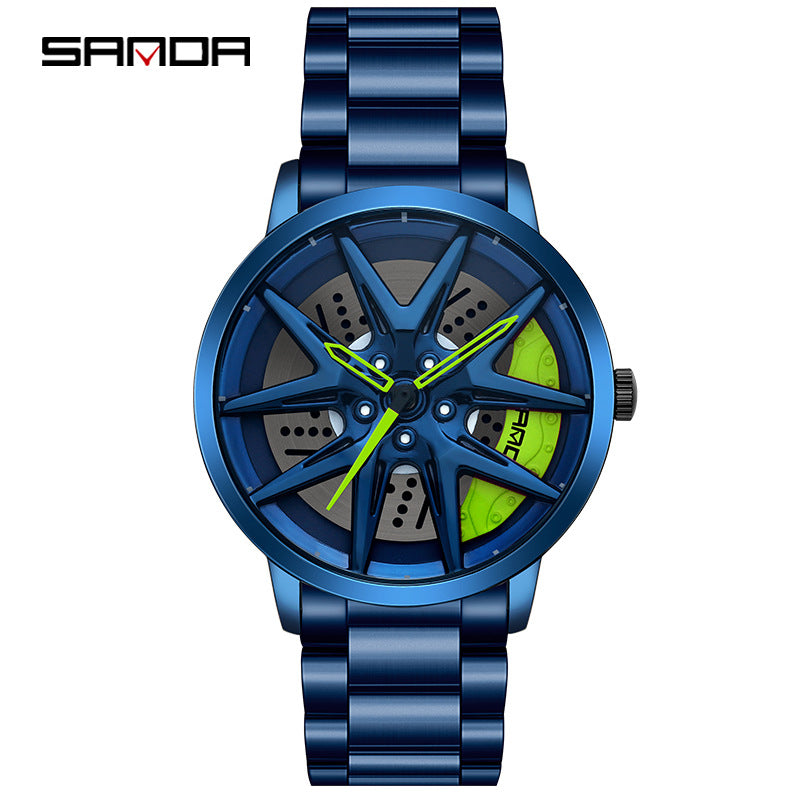 Sanda Men’s Quartz Watch – Wheel Dial, Stainless Steel Strap, Waterproof Sport Timepiece
