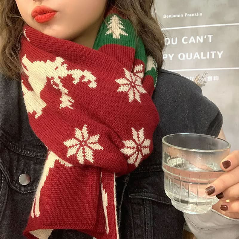 Christmas Elk Knitted Wool Scarf for Women