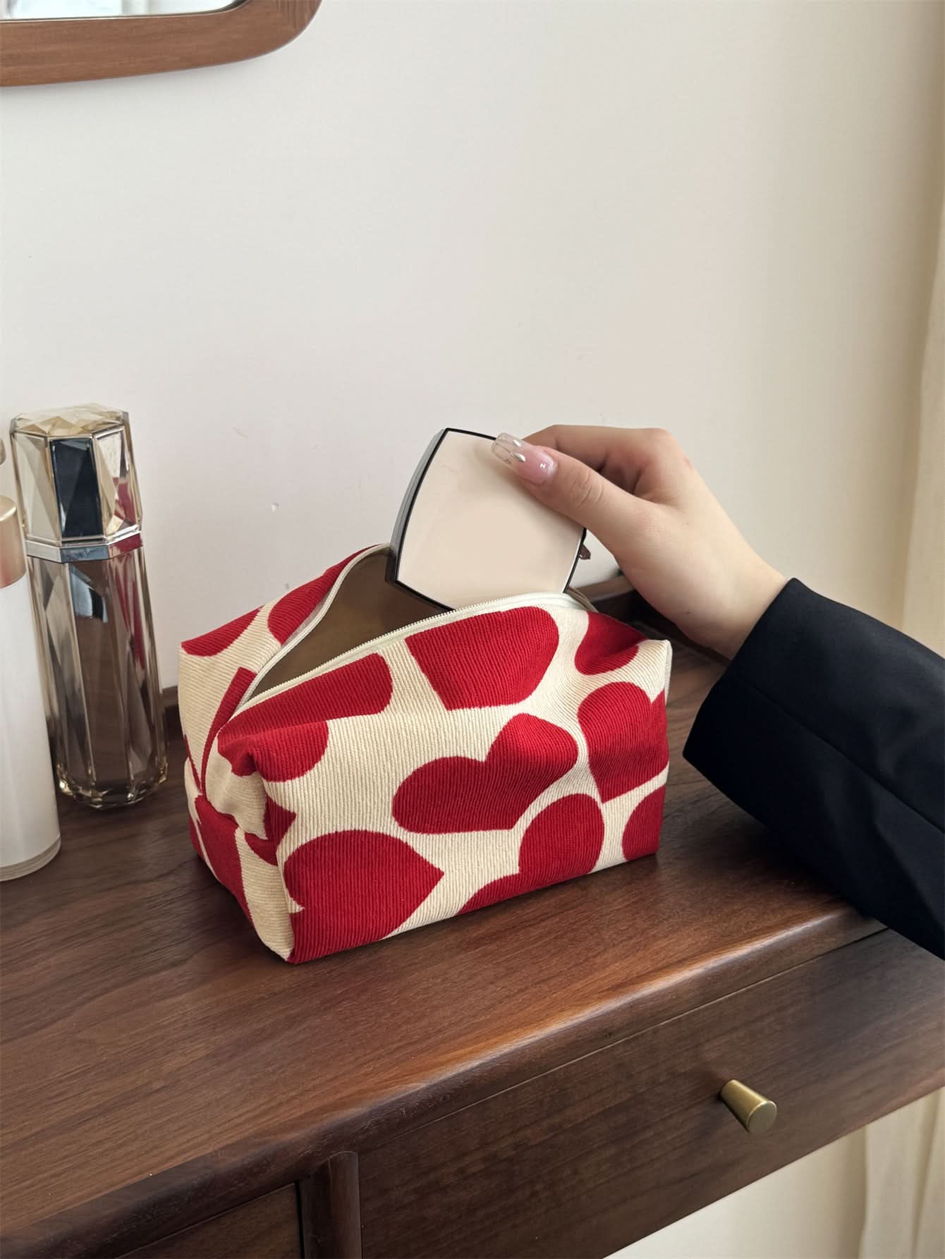 Corduroy Heart Pillow Cosmetic Bag – Cute Korean-Style Makeup Pouch