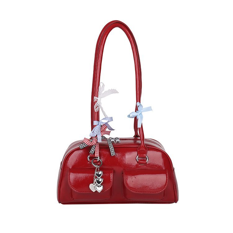 Boston Shoulder Bag for Women – PU Retro Bowling Style Tote with Double Handles And Keyring