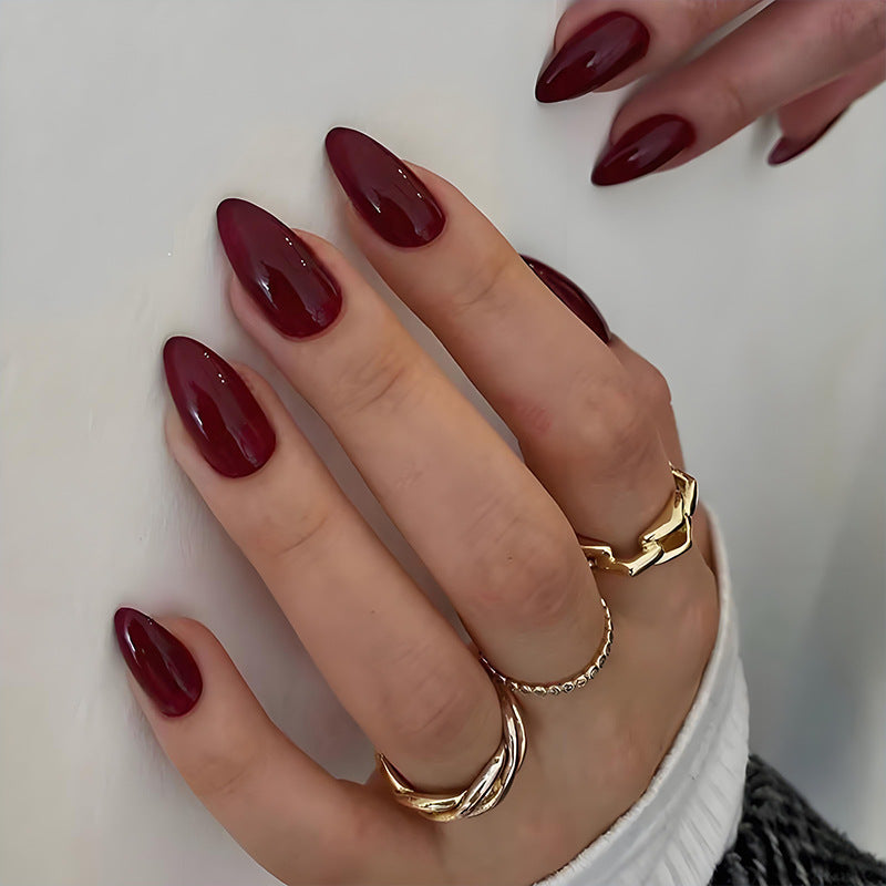 Burgundy Almond Gel Press-On Nails – Elegant Solid Glossy Nail Art, Medium Size