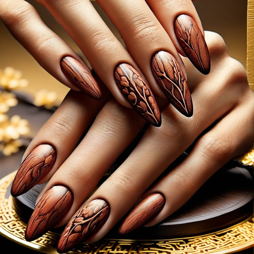 Long Stiletto Press-On Nails – Matte Wood Grain Acrylic Nail Art Set