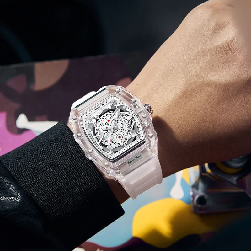 Men’s Fashion Barrel-Shaped Quartz Watch – Luminous Transparent Dial
