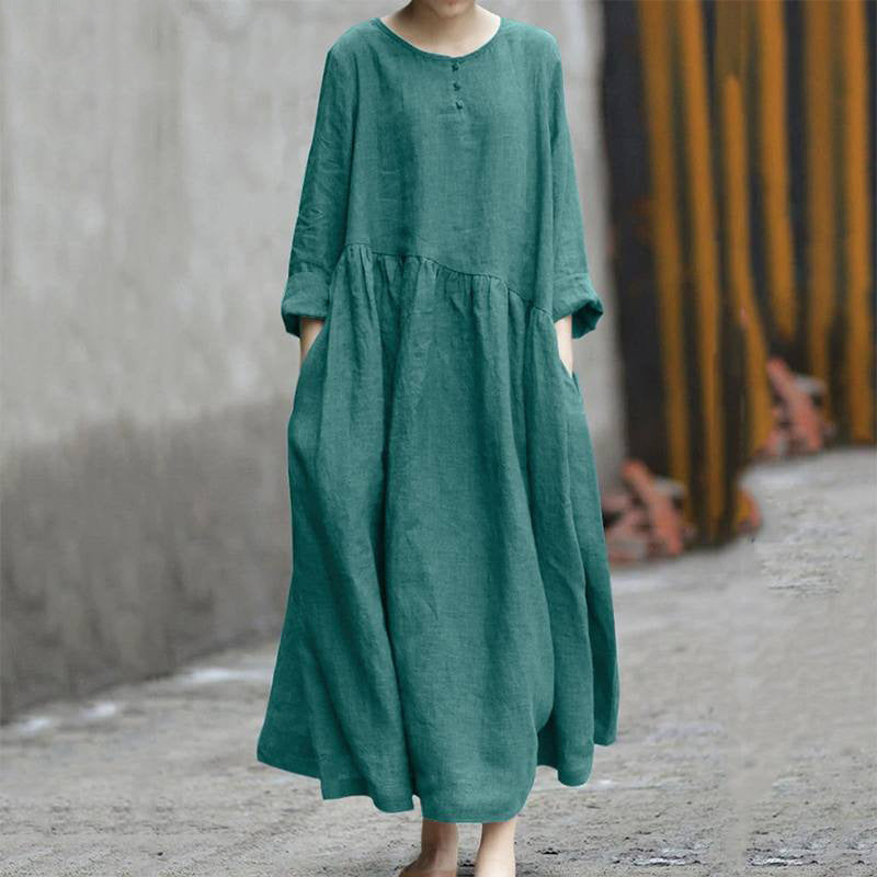 Women’s Cotton Linen Long Sleeve A-Line Dress – Irregular Splicing, Round Neck