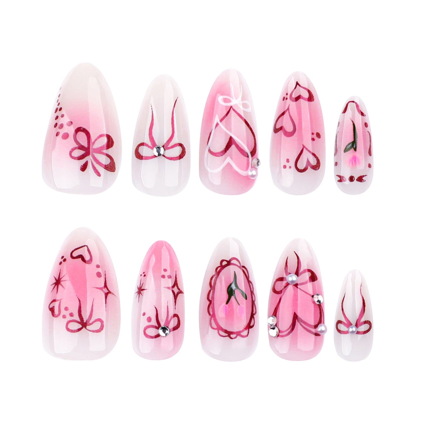 Romantic Heart & Bow Press-On Nails – Glossy Almond Shape Glue-On Nails