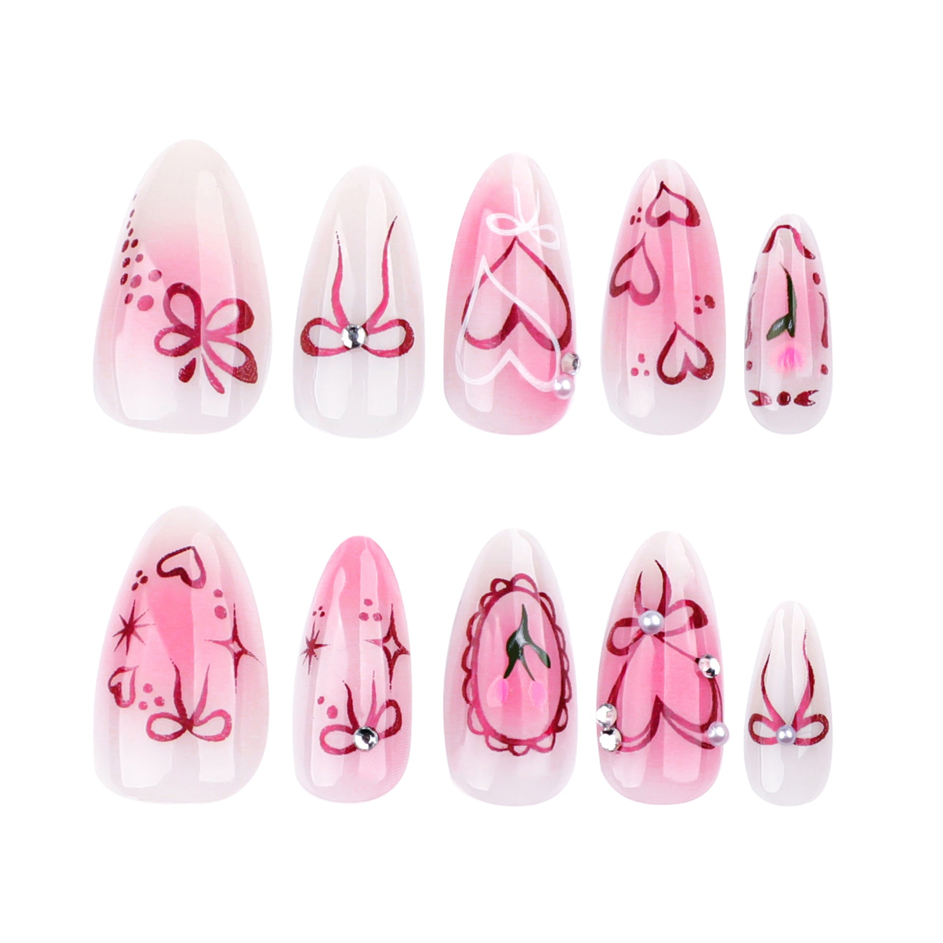 Romantic Heart & Bow Press-On Nails – Glossy Almond Shape Glue-On Nails