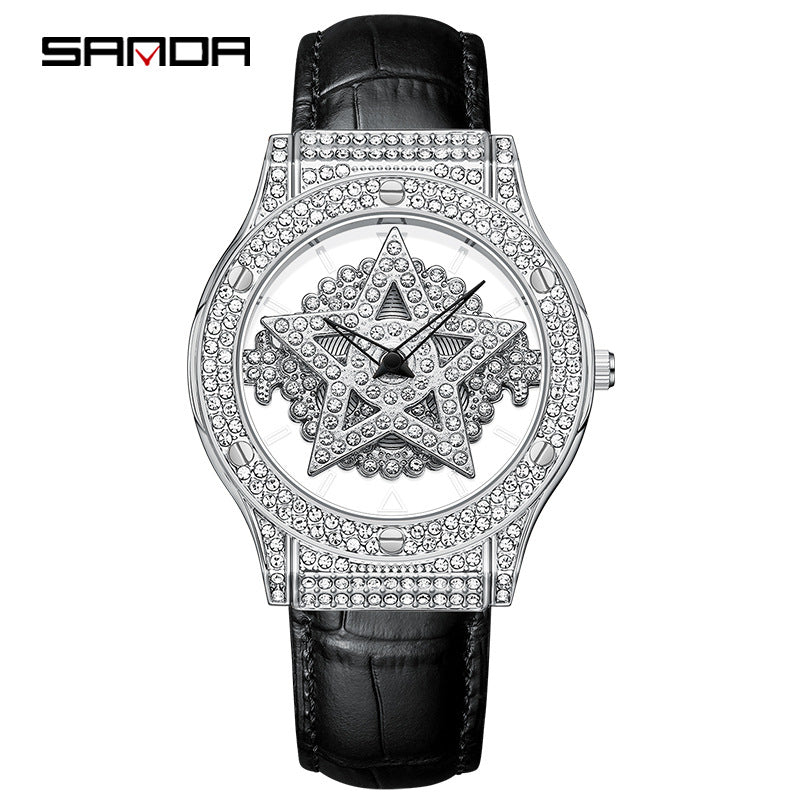 SANDA Women's Star Quartz Watch – Waterproof Leather Strap Casual Ladies Timepiece