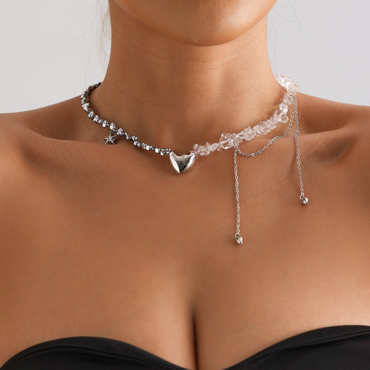 Heart and Starfish Pendant Necklace for Women – Silver Tassel Clavicle Chain Jewelry