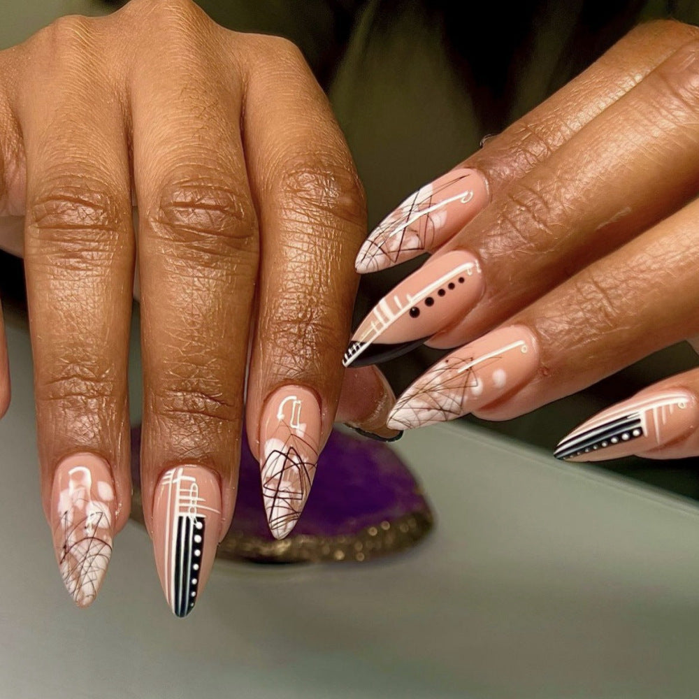 Abstract Stiletto Press-On Nails – Nude & Black Long Artistic Line & Dot Design Set