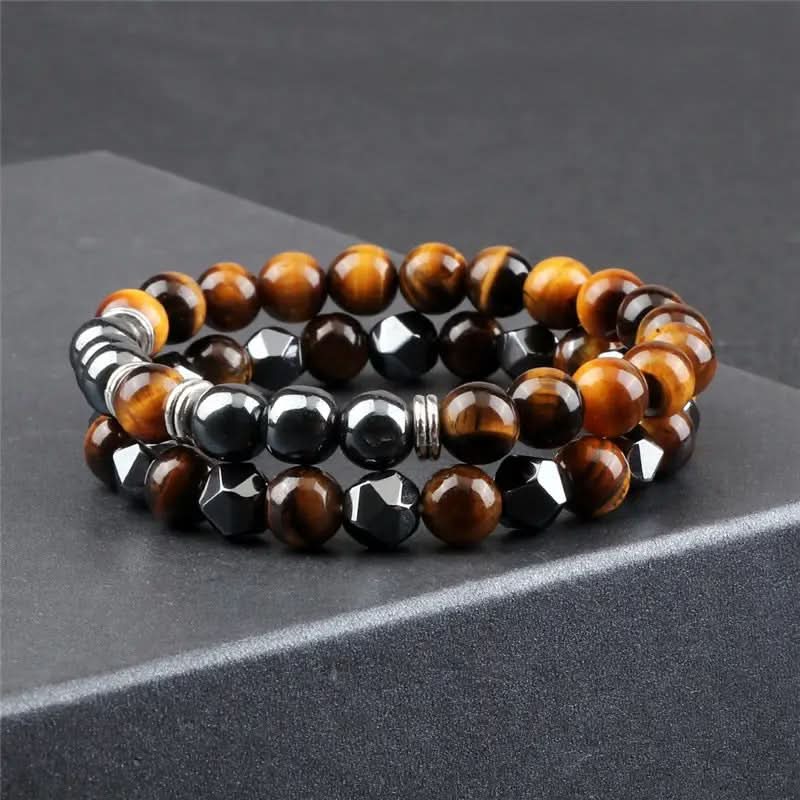 Natural Tiger Eye & Black Agate Beaded Bracelet Set