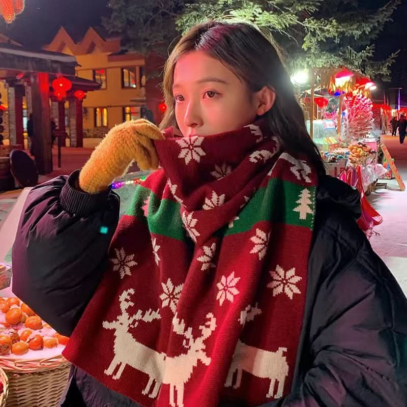 Christmas Elk Knitted Wool Scarf for Women