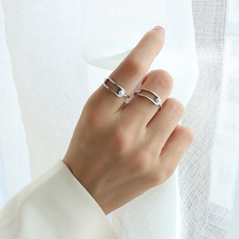 Open Frame Pearl Accent Ring – Elegant Minimal Titanium Steel Jewelry for Women