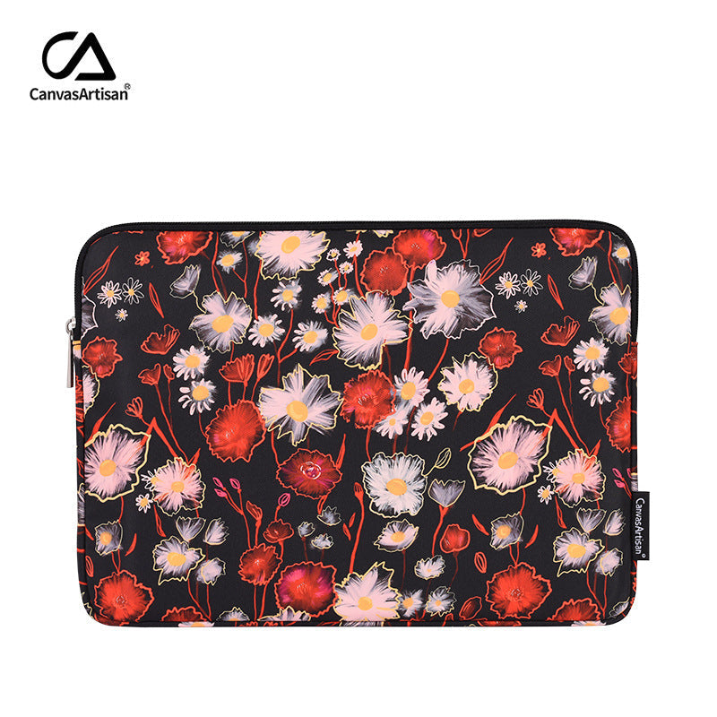 Black Waterproof Floral Laptop Sleeve – 11 to 15 Inch Polyester Tablet Case, Zippered Pouch