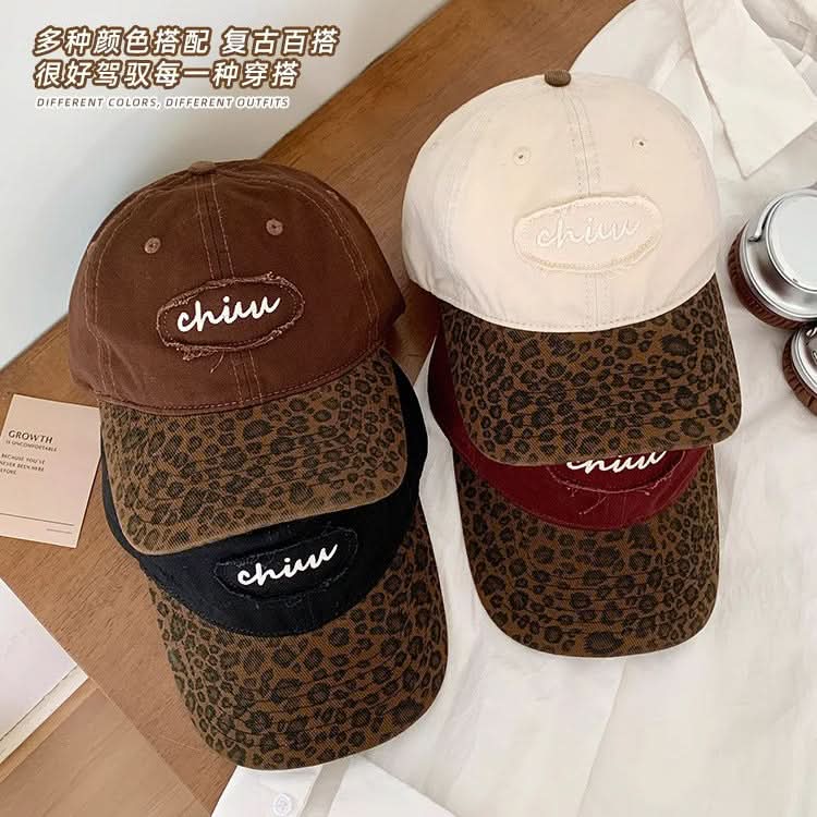 Retro Unisex Letter Baseball Cap – Curved Brim Hat with Leopard Print