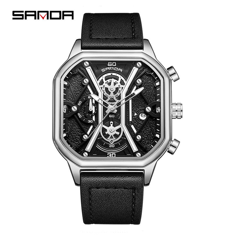 SANDA Men's Retro Square Quartz Watch – Waterproof Luminous Calendar Leather Strap