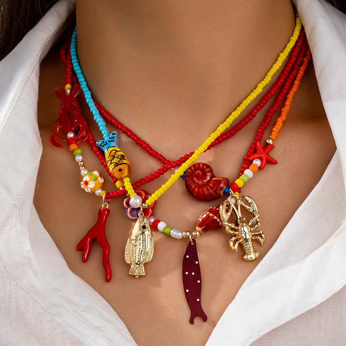 Beach Beaded Necklace for Women – Ocean Charm Coral Conch Pendant Jewelry