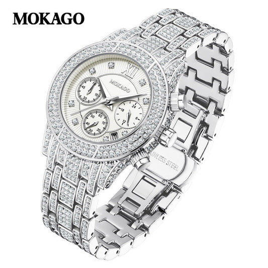MOKAGO Luxury Women's Quartz Watch – Alloy Strap with Diamond Accents, Waterproof