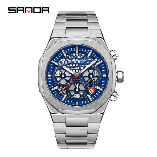 Sanda Men’s Multifunction Quartz Watch – Three-Eye Chronograph, Stainless Steel Band
