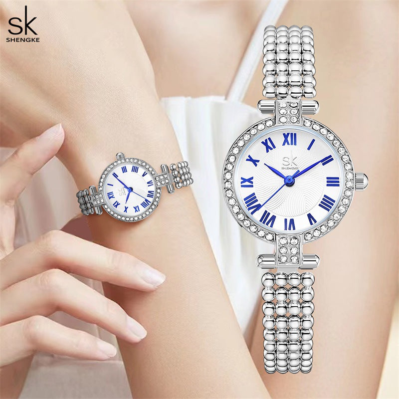 SK Women’s Quartz Watch – Diamond Accent Round Dial, Alloy Strap, Fashion Wristwatch