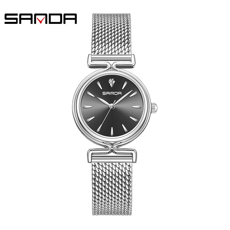 Sanda Women’s Mesh Quartz Watch – Round Dial, Waterproof Stainless Steel Analog Watch