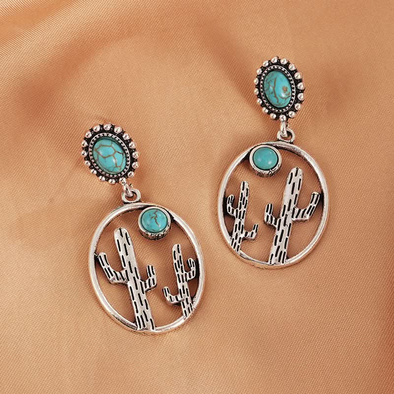 Vintage Turquoise Cactus Earrings – Boho Western Dangle Earrings for Women