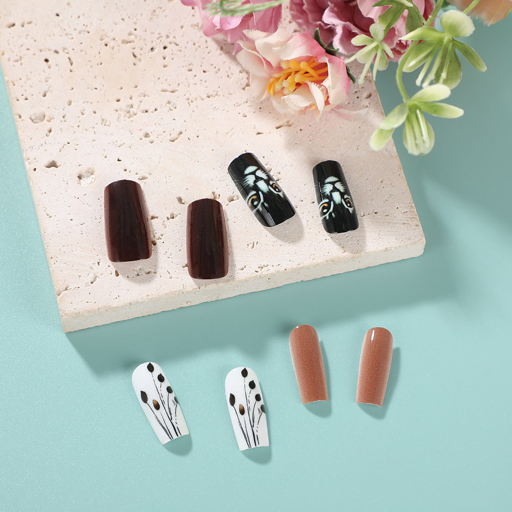 Artistic Glossy Press-On Nails – Long Acrylic with Cat & Leaf Design, Glue-On Nails