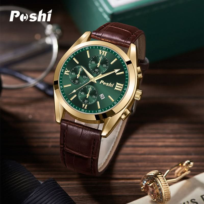 Men’s Luminous Dial Quartz Watch – Leather Strap, Calendar