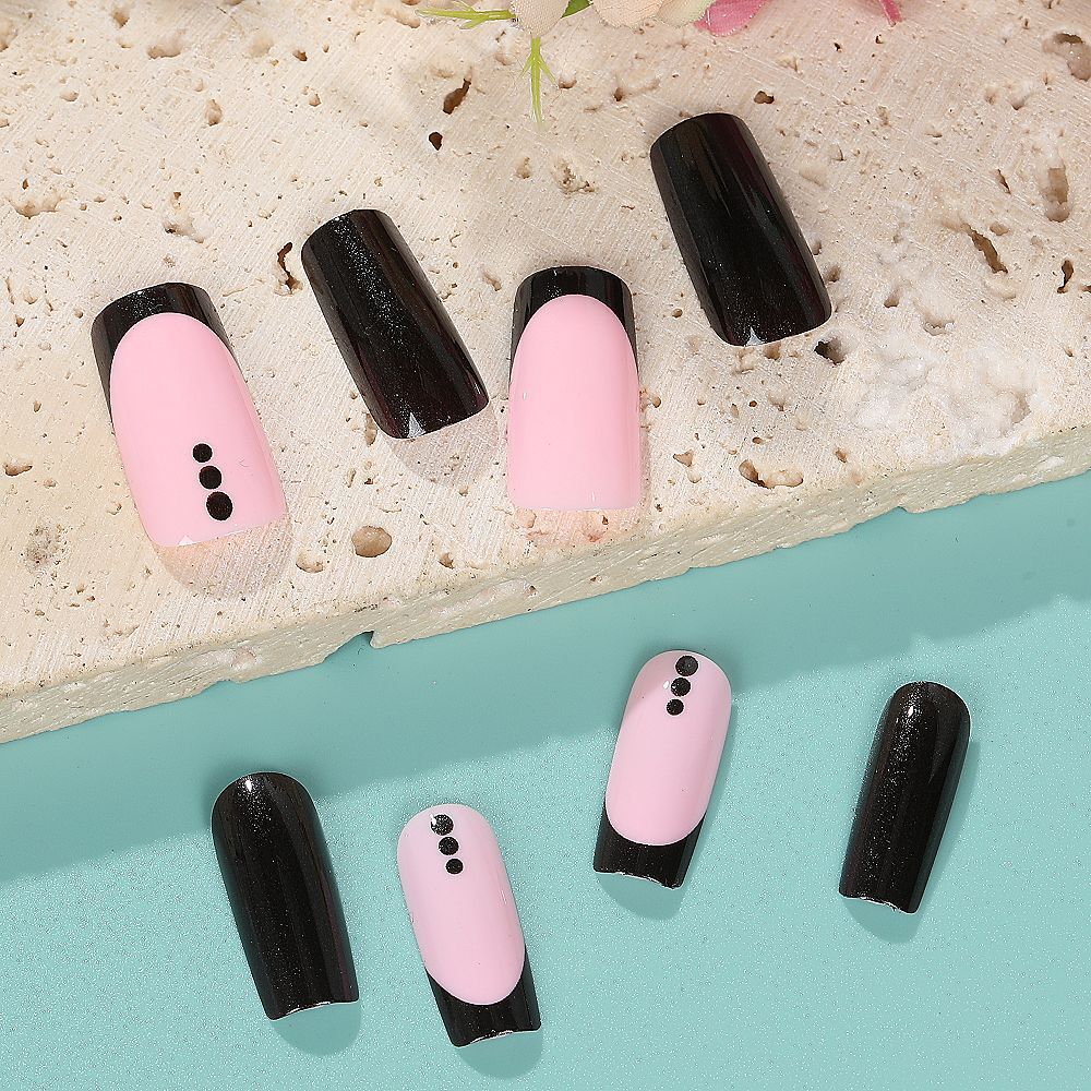 Elegant Long Square Glitter Press-on Nails – Black & Pink Acrylic with Dot Accents