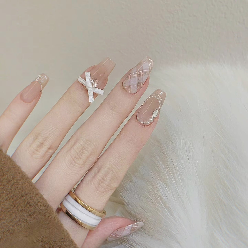 Sophisticated Plaid Press-On Nails with Pearl & Ribbon Accents, Square Acrylic Glue-On Set
