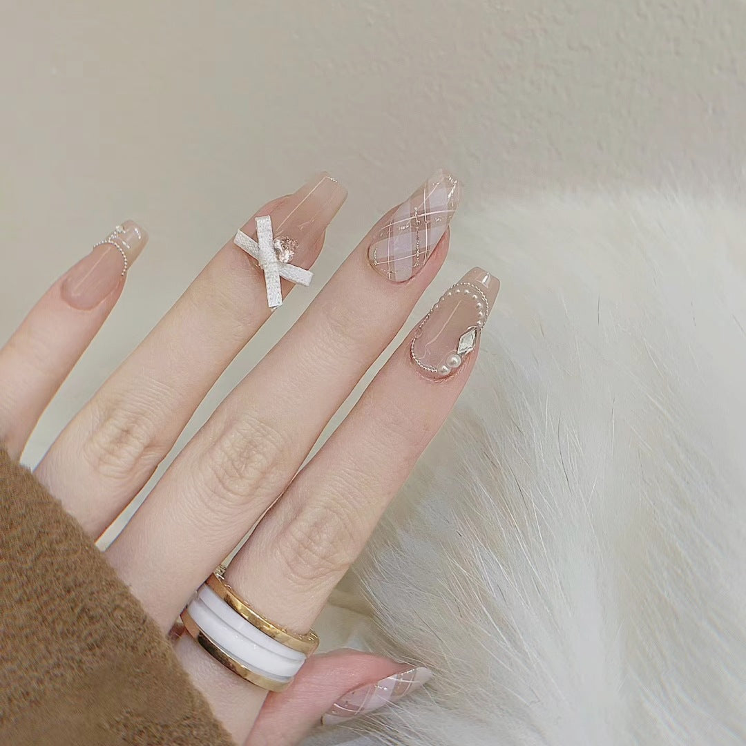 Sophisticated Plaid Press-On Nails with Pearl & Ribbon Accents, Square Acrylic Glue-On Set