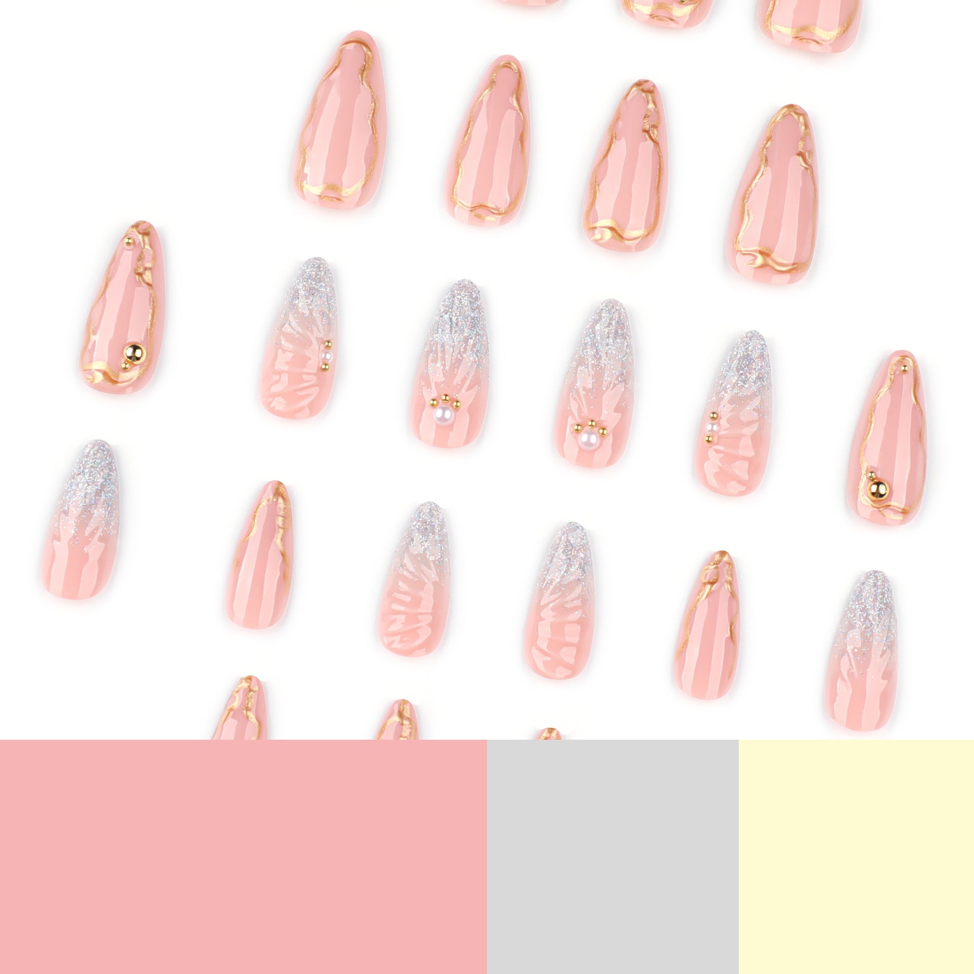 3D Glitter Wing Press-On Nails – Long Stiletto Nude Nails with Gold Accents